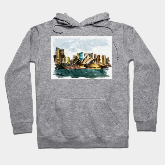 Sydney Australia Opera House Waterfront Watercolor Travel Painting Hoodie by Naumovski